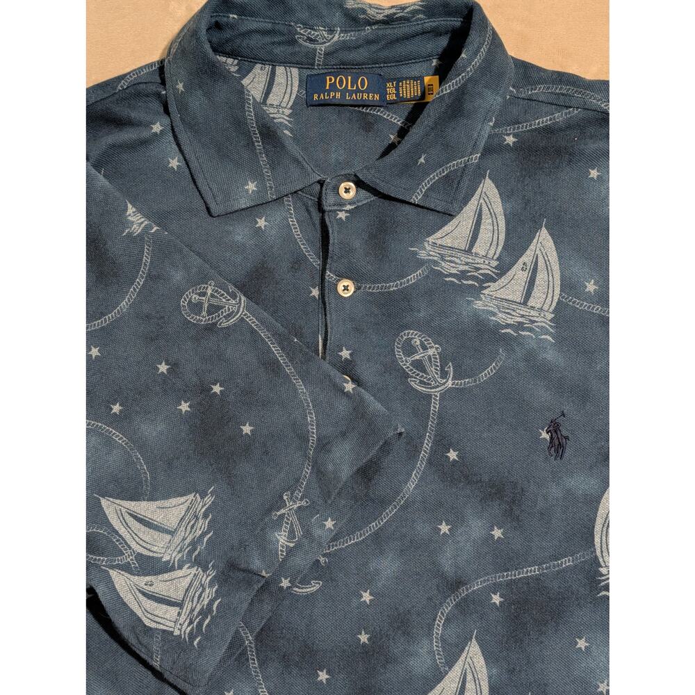 Polo Ralph Lauren XLT Tall Sailboat All Over Print Nautical Polo Shirt Blue